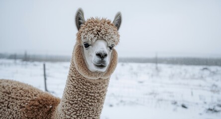 Fototapeta premium Sad alpaca standing with thick wool in cold snowy landscape