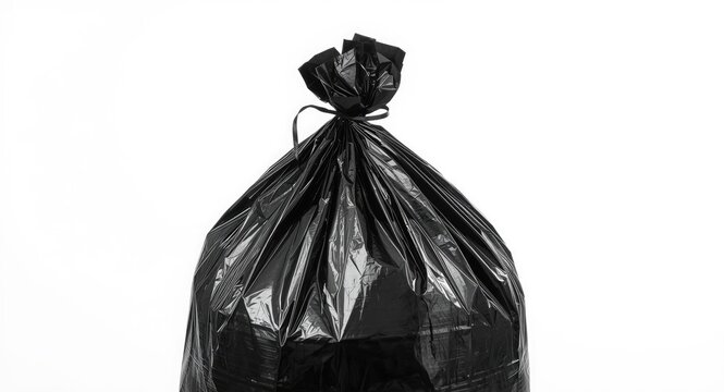 Zoomed close-up of a black plastic trash bag presented on a bright white backdrop
