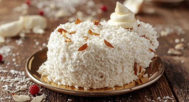 Zoomed in view of white Brazilian dessert pav&Atilde;&copy; adorned with coconut and cream