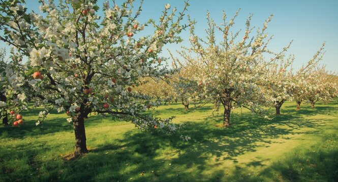 Oil canvas showing a blossoming spring orchard filled with apple trees and illuminated by sunlight