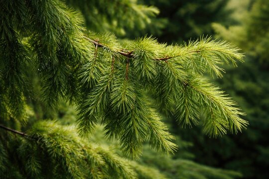 Close up view of lush deodar tree foliage with vibrant green needles