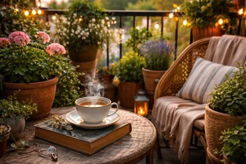 Obraz premium Cozy summer balcony featuring potted plants with a steaming tea cup and vintage novel