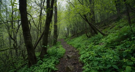 Obraz premium Hiking through dense fresh spring greenery with calm rainy mountain atmosphere