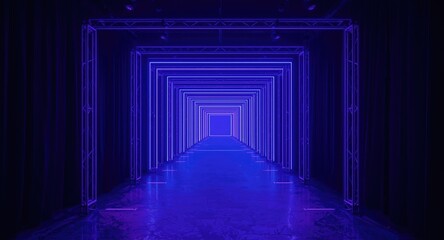 Performance background of violet neon hallway and illuminated stage decorations