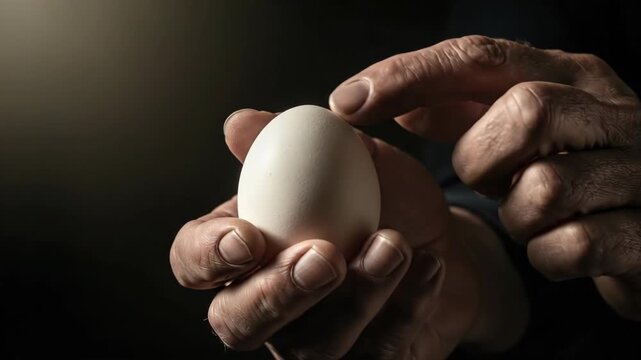 Close-up of a Hand Holding a White Egg Against Dark Background.