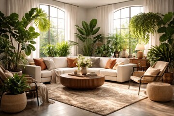 Fototapeta premium inviting living room interior with lush greenery and stylish furniture decor