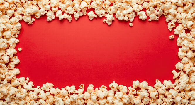 Top down view of popcorn border with centered copy space on vibrant red white stripes
