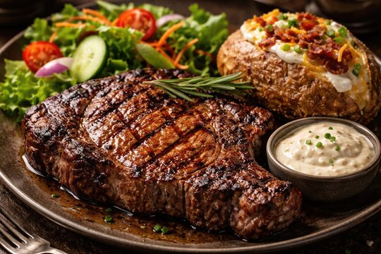 Close-up view of a grilled premium ribeye steak served with creamy horseradish sauce, baked potato, and crisp fresh garden salad