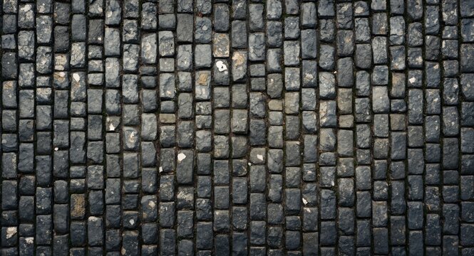 Top aerial view of cobblestone pavement texture with aged stone finish