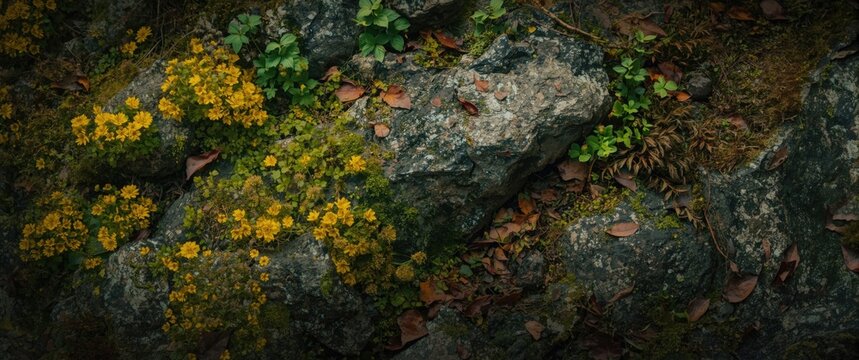 Tranquil nature setting showing vivid moss and yellow flower patches on textured rocky base with ample copy space