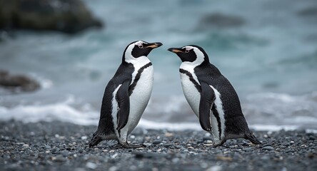 Fototapeta premium Peaceful moment of penguins looking at each other on a shoreline
