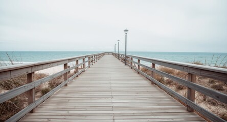 Fototapeta premium Wooden decking and boardwalk on a coastal pier patio viewed from a low angle