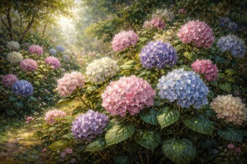 Naklejka premium Detailed oil painting of blooming hydrangea flowers in a lush garden setting