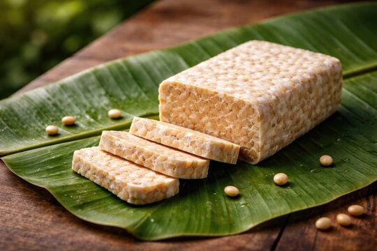 Uncooked tempeh raw soybean cake on a banana leaf with copy space background