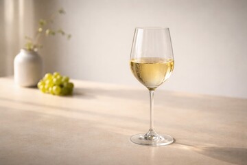 Fototapeta premium Minimalist setting featuring an elegant glass of young Chenin Blanc wine with ample copy space for creative presentations