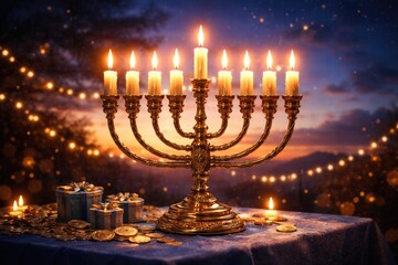 Fototapeta premium Festive menorah illustration with glowing candles and twilight sky