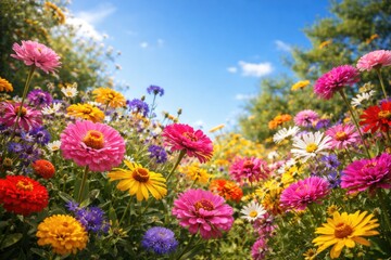Obraz premium Vibrant summer flowers blooming under a clear blue sky backdrop
