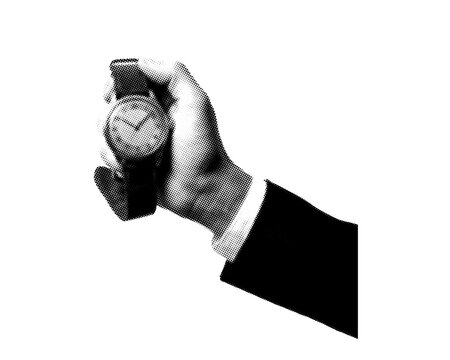 Retro Halftone Hand Holding Wristwatch PNG, Vintage Black and White Timepiece Illustration, Human Hand with Watch Isolated Transparent Background