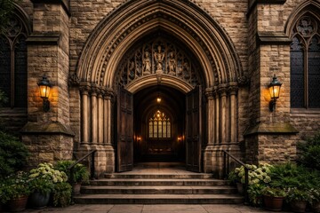 Obraz premium Stone archway entrance of historic church building
