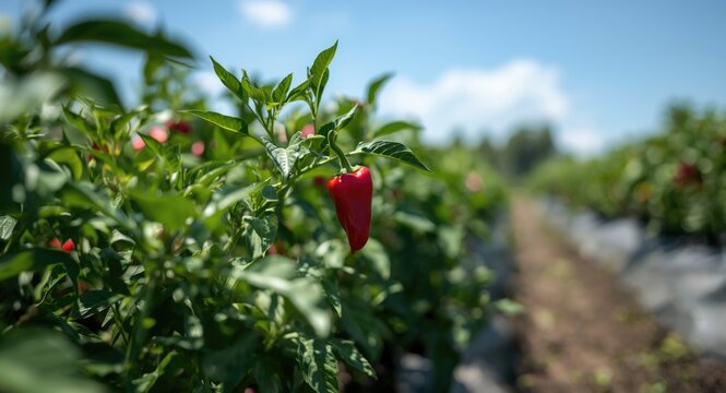Strong red pepper plant growing actively in open sunny farm field