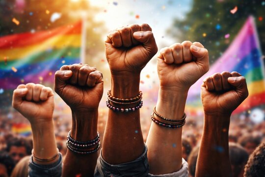 Vibrant clenched fists symbolizing unity for equality campaign social media post