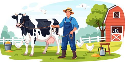Obraz premium Farmer Milking Cow in Pasture with Barn and Chickens on Farm, Rural Agriculture Scene