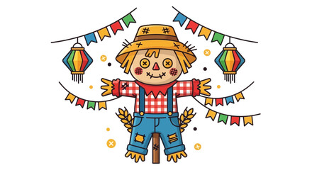Fototapeta premium Cute Scarecrow Character with Festive Bunting and Lanterns, Autumn Celebration