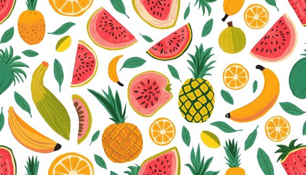 Assortment of colorful tropical fruits with tropical pineapple watermelon illustration colorful refreshment vitamins delicious background