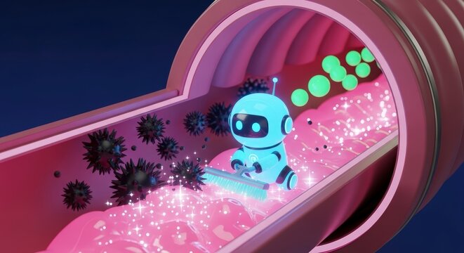 Robot inside a medical tube fighting virus.