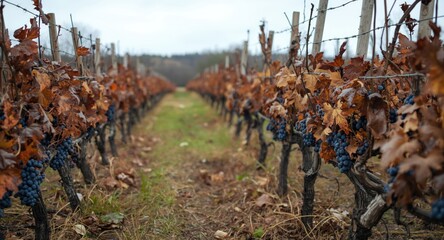 Fototapeta premium Vineyard scene of neglected blue grapes desolate after winter cold