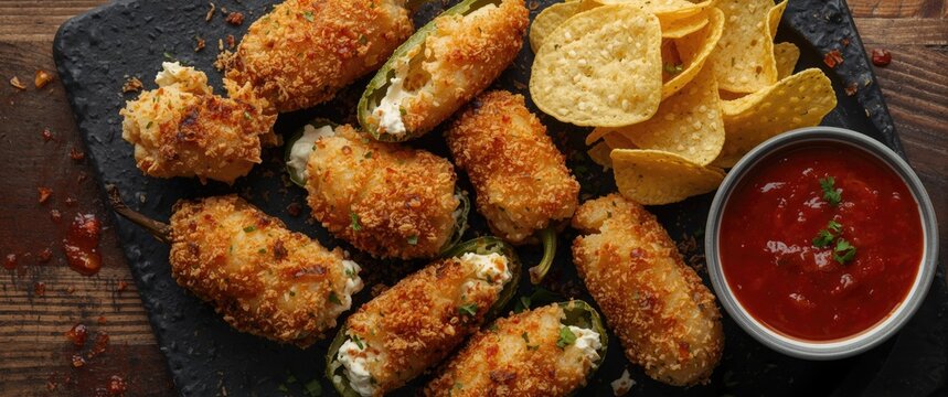Top down image of crunchy breaded jalapeno poppers filled with cream cheese served alongside spicy salsa and tortilla chips on a dark serving platter