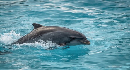 Fototapeta premium Excited dolphin pet demonstrating full length leap through crystalline blue water