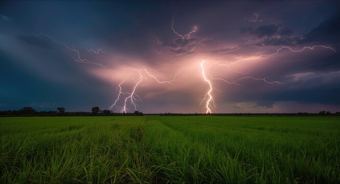 Intense thunderstorm lighting up rich green meadow with electric bolts