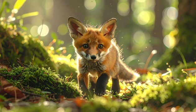 A curious red fox cub emerges from a sun-dappled forest floor covered in moss.