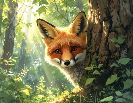 A curious fox peeks from behind a tree in a sun-dappled forest.