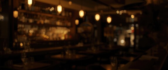 Obraz premium Warm dark toned cafe bar with cinematic bokeh blur effect for an upscale fashion design backdrop