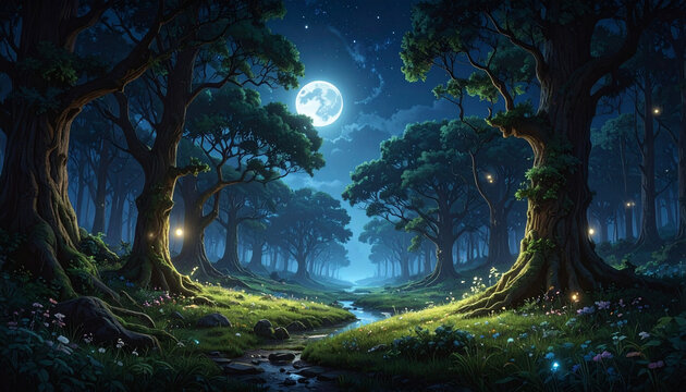 Enchanted forest at night under moonlight