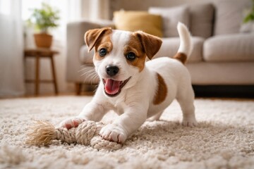 Obraz premium Joyful Jack Russell Terrier puppy playing on soft carpet in bright living room