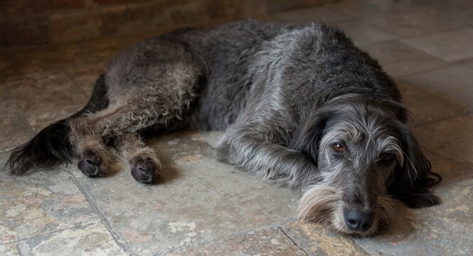 Lethargic Scottish deerhound lying comfortably on a textured stone floor indoors