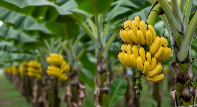 Deretan pohon pisang dengan tandan buah pisang kuning yang matang di perkebunan tropis yang luas