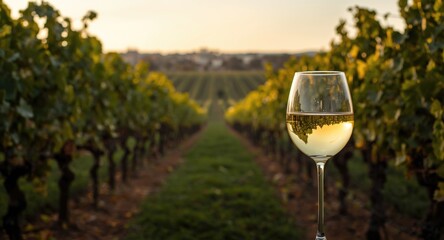 Fototapeta premium Vermentino wine goblet displayed among rich vineyard rows with copy space to add text