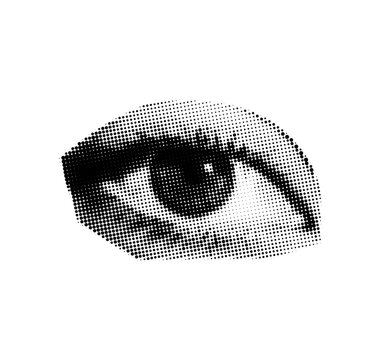 Minimalist Halftone Human Eye Illustration on White Background - Retro Pop Art Surveillance Concept