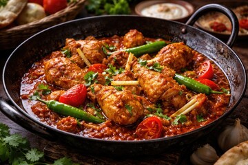 Fototapeta premium Popular spicy chicken karahi recipe with traditional Pakistani flavors