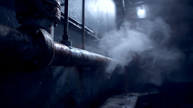 Abandoned industrial pipe steam smoke darkness.