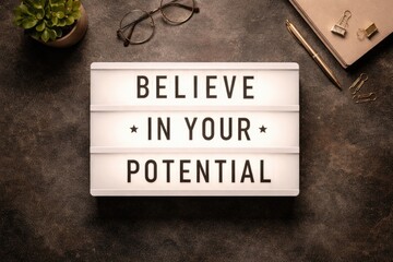 Obraz premium Top view of a lightbox with Believe in your potential message and copy space