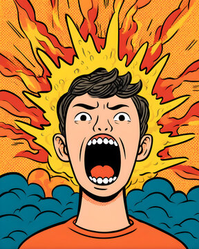 A cartoon-style illustration of a person screaming with an explosive burst of fiery orange and yellow behind them.