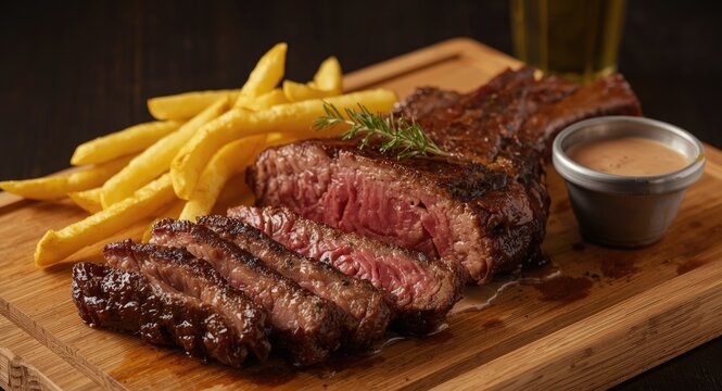 Tender beef rib steak alongside hand cut fries and a small bowl of dipping sauce