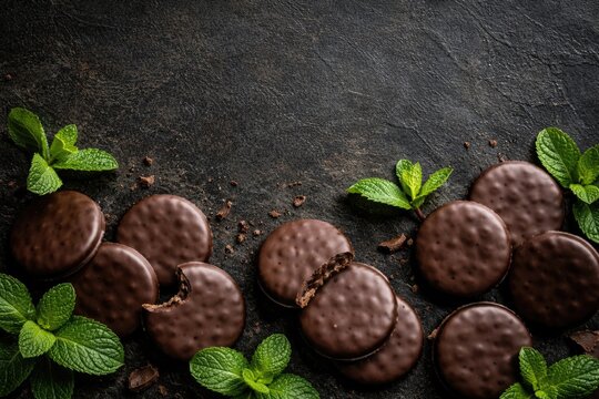 Overhead view of thin mint chocolate cookies on a dark textured surface with fresh mint leaves and copy space