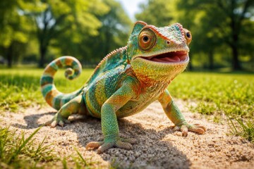 Fototapeta premium A playful chameleon pet modeling on a sunny sandy lawn with lush green summer trees