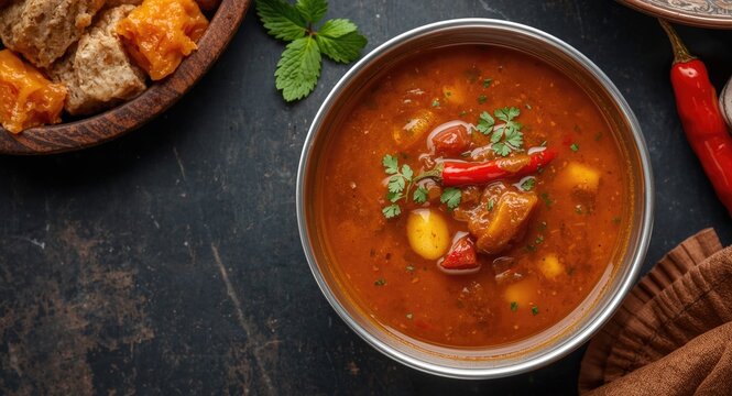 South Indian hot tomato rasam with robust chili and tamarind notes in a vegetarian dish